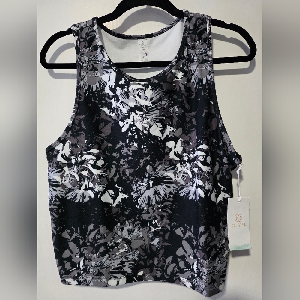 Balance Collection Arhletic Crop Top, Black Floral Stamp, Size XXL
